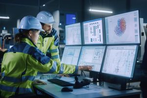 Engineers in safety gear review operational data on monitors in an industrial control room