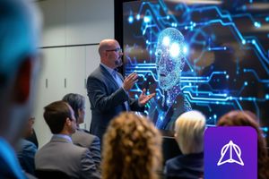 Professional presenting AI technology to an audience in a conference room.