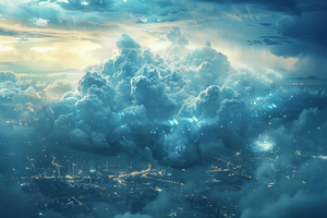 Large and imposing cloud with digital lights illuminating a cityscape below, symbolizing AI's cloud technology.
