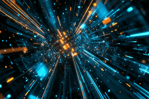 High-speed digital network visualization with blue and orange light streaks.