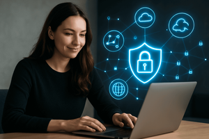 Woman on laptop investing in Fortinet Unified SASE