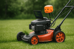 A red and black push lawn mower with orange wheels actively cutting green grass, topped with a small open laptop displaying green code on a dark screen, and a small orange cube-shaped robot head with simple dot eyes and a flat mouth perched on the handle area, set against a lush green lawn with blurred trees in the background.