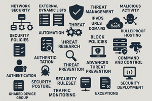 Icons and terms related to network security and threat management, highlighting External Dynamic Lists.