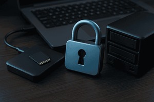 realistic image of a padlock in front of a laptop with external hard drives connected via USB cables