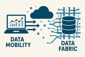 A laptop with "data mobility" and a storage unit with "data fabric" labels sit under a cloud image. Arrows point back and forth