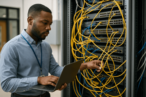 A network engineer works on a laptop in front of a server rack filled with colorful bundled cables in a data center.