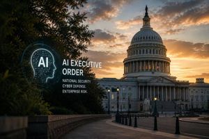 The U.S. Capitol at sunset beside a glowing digital head graphic reading "AI Executive Order: National Security. Cyber Defense. Enterprise Risk."