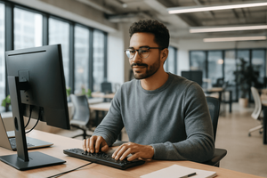 Man in an open office setting typing on a keyboard while looking at a monitor