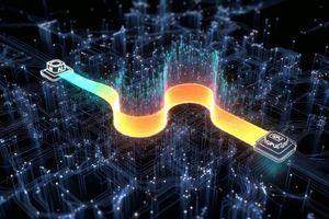A ribbon of light representing data moving from AI to GPU with many points of light representing data