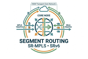 A network diagram illustrating Segment Routing architecture, showing a central core node routing both MPLS and SRv6 traffic across a WAN Transport Core Network, with the text "Segment Routing SR-MPLS * SRv6" displayed below.