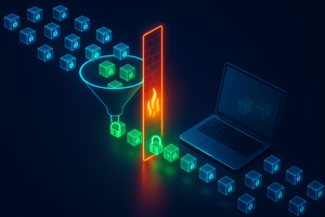 A glowing digital illustration of encrypted data packets represented as padlock-adorned cubes being filtered through a funnel and inspected by a red firewall barrier, with a laptop in the background, symbolizing secure firewall TLS decryption.