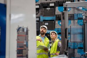 Two workers wearing high-visibility safety vests and hard hats review equipment inside an industrial facility, standing among automated machinery and stacked blue storage containers.