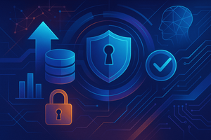 An AI-generated illustration of data protection and cybersecurity concepts, featuring a glowing shield, database cylinder and padlock on a dark blue digital circuit background.