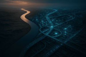 Aerial view of a glowing river diverging into a dense network of interconnected nodes and infrastructure, representing teams that invest in AI tooling extensibility pulling ahead of those using stock configurations.