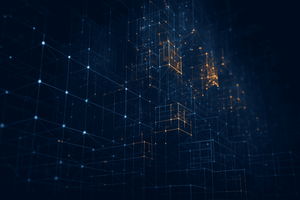 Abstract dark blue 3D network of interconnected nodes and glowing amber geometric lattices, representing the layered, compounding nature of AI-native engineering tool stacks.