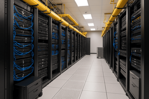 Photo of a data center; racks on both sides. No people